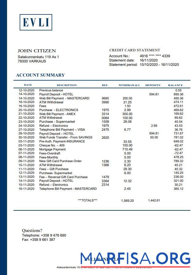 Realistic Finland Evli Bank PLC bank statement word download for verification